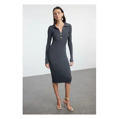 Trendyol Anthracite Midi Knit Polo Neck Dress