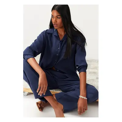 Trendyol Navy Blue Modal Blend Shirt and Trousers Woven Bottom-Top Set