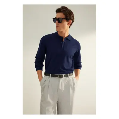 Trendyol Navy Blue FL Men's Regular Polo Collar Plain Knitwear Sweater