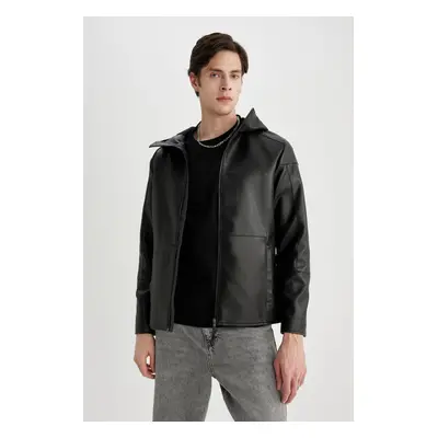 DEFACTO Slim Fit Hooded Faux Leather Jacket Coat