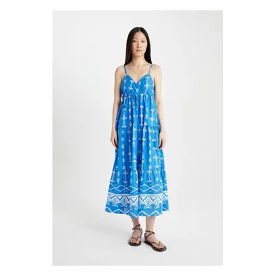 DEFACTO V-Neck Patterned Voile Strap Maxi Dress