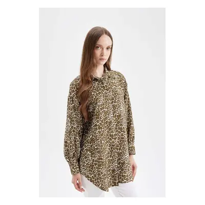 DEFACTO Relax Fit Leopard Patterned Basic Long Sleeve Shirt Tunic