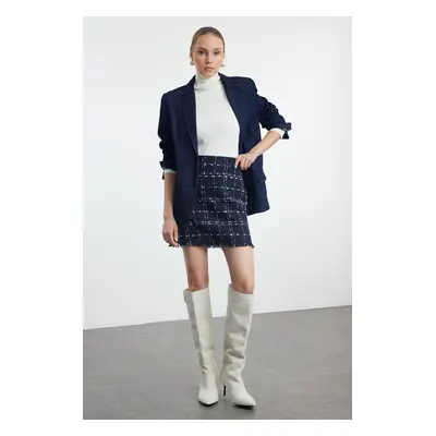 Trendyol Navy Blue Plaid Tweed Fabric Mini Woven Skirt