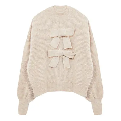 Trendyol Limited Edition Beige Wide Pattern Soft Texture Ribbon/Bow Detailed Knitwear Sweater