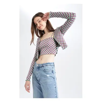 DEFACTO Slim Fit Checkered Pattern V Neck Crop Cardigan