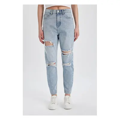 DEFACTO Mom Fit Ripped Detail High Waist Ankle Length Jean Washed Trousers