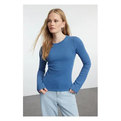 Trendyol Indigo Aged/Faded Effect Fitted Spanish Sleeve Ribbed Flexible Knit Blouse