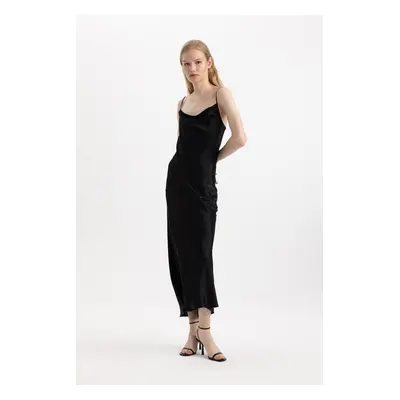 DEFACTO Bodycon Scoop Neck Black Satin Strap Midi Dress