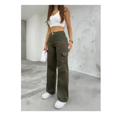 12128 Dewberry High Waist Wide Leg Cargo Pocket Trousers-KHAKI