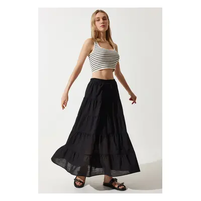 Happiness İstanbul Woman's Black Flounced Summer Loose Comfortable Skirt