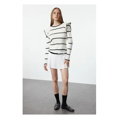 Trendyol Ecru Shoulder Flounce Striped Knitwear Sweater