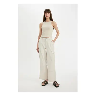 DEFACTO Wide Leg Cargo Pocket Normal Waist Standard Length Gabardine Trousers