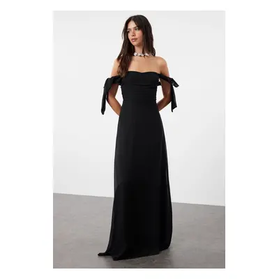 Trendyol Black A-Line Carmen Neck Woven Chiffon Elegant Evening & Graduation Dress