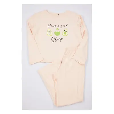 Trendyol Powder 100% Cotton Slogan and Avocado Printed Knitted Pajama Set