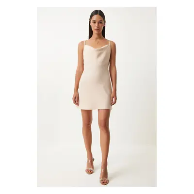 Happiness İstanbul Women's Cream Scoop Neck Strap Mini Dress