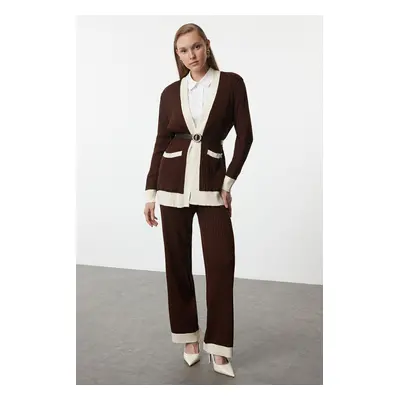 Trendyol Dark Brown Ribbed Knitted Sweater Cardigan Trousers Top-Bottom Set