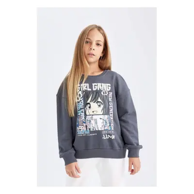 DEFACTO Girl Anthracite Oversize Fit Wide Pattern Crew Neck Printed Sweatshirt