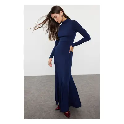 Trendyol Navy Blue Straight Fitted Maxi High Collar Stretchy Knitted Dress