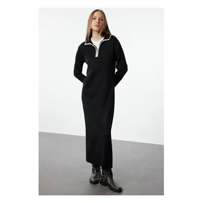 Trendyol Black Ecru Piping Zippered Knit Dress