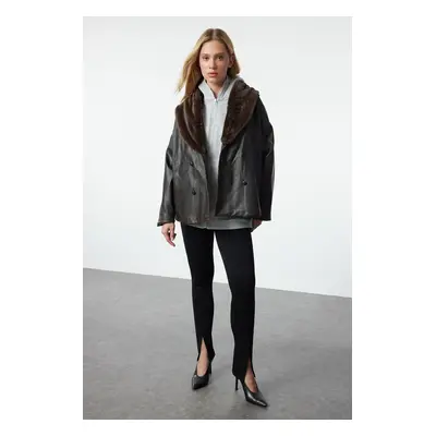 Trendyol Dark Brown Oversize Molded Collar Faux Leather Coat with Fur Detail