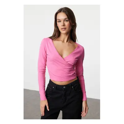 Trendyol Pink Deep Double Breasted Collar Lace Detailed Long Sleeve Crop Cotton Stretch Knitted 