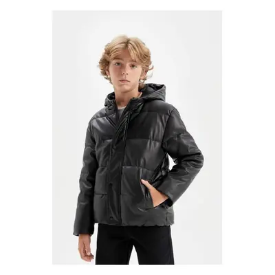 DEFACTO Boy's Water Repellent Hooded Snap Zipper Closure Pocket Faux Leather Coat