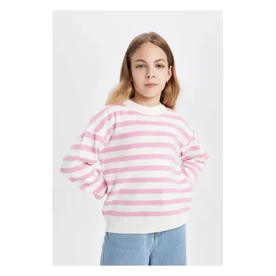 DEFACTO Girls Standard Fit Striped Crew Neck Sweater