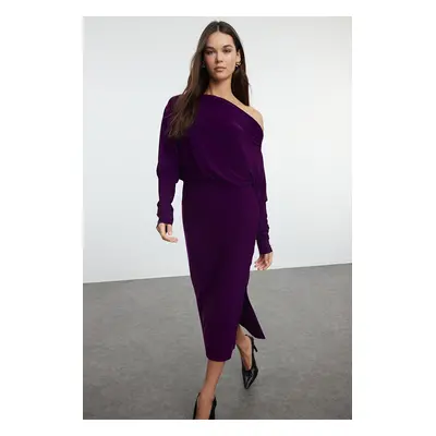 Trendyol Purple Straight Asymmetrical One Sleeve Fitted Flexible Midi Knitted Dress