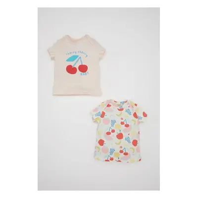 DEFACTO Baby Girl Newborn Fruit Patterned Combed Cotton Short Sleeve 2-Piece Snap T-Shirt