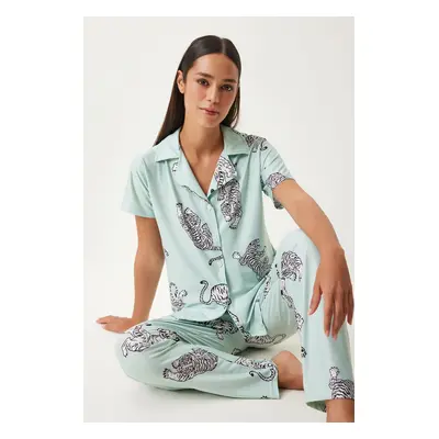 Happiness İstanbul Women's Water Green Patterned Shirt and Pants Knitted Pajama Set