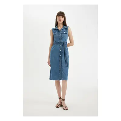 DEFACTO Shirt Collar Sleeveless Belted Jean Midi Dress