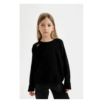 DEFACTO Girl Black Standard Fit Crew Neck Basic Plain Knitwear Sweater