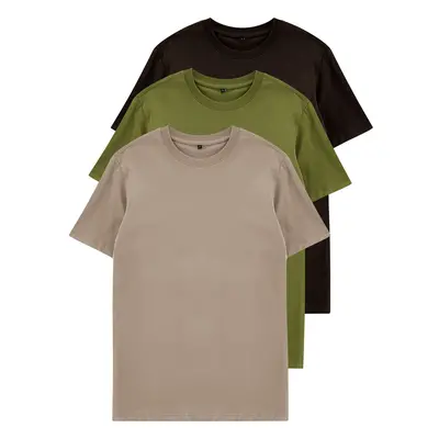 Trendyol Dark Brown-Mink-Khaki Basic Slim/Slim Cut 100% Cotton 3-Pack T-Shirt