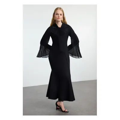 Trendyol Black Embroidered Detailed Chiffon Sleeve Woven Evening Dress