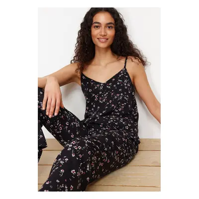 Trendyol Black Floral String Strap Viscose Woven Pajama Set