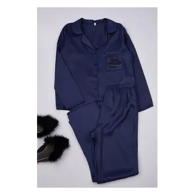 Trendyol Navy Blue New Year Themed Embroidered Satin Shirt-Pants Woven Pajama Set