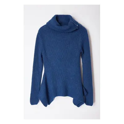 Trendyol Indigo Asymmetric Collar Zippered Knitwear Sweater