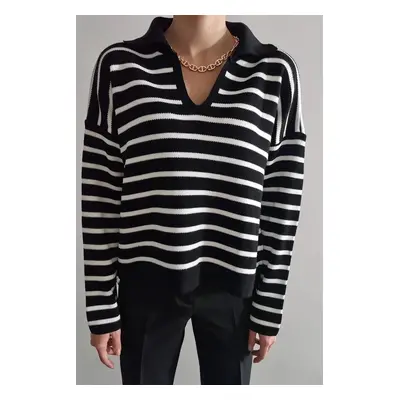 51782 Dewberry Polo Neck Striped Long Sleeve Sweater-BLACK