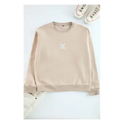 Trendyol Stone Oversize/Wide Cut Crew Neck Long Sleeve Animal Embroidered Sweatshirt