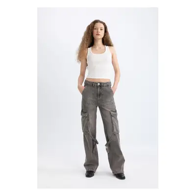 Afra x DeFacto Wide Leg Cargo High Waist Long Jean Pants