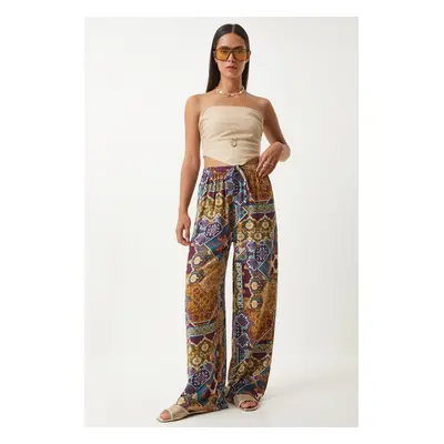 Happiness İstanbul Women's Plum Mustard Patterned Loose Viscose Palazzo Trousers