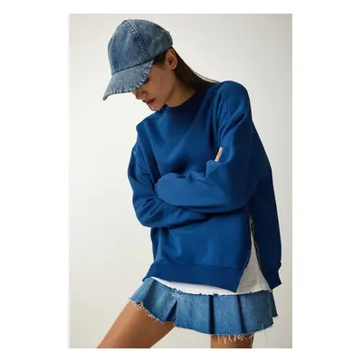 Happiness İstanbul Women's Blue Zipper Detailed Raised Knitted Sweatshirt