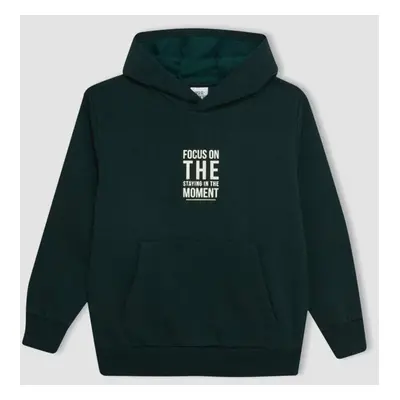 DEFACTO Boys Dark Green Pocket Text Printed Hooded Thick School Sweatshirt