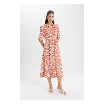 DEFACTO Shirt Collar Patterned Short Sleeve Linen Blend Midi Dress