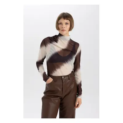 DEFACTO Slim Fit Turtleneck Tie-Dye Long Sleeve Tulle T-Shirt