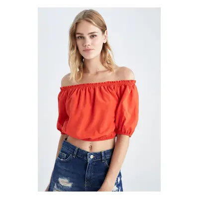 DEFACTO Crop Basic Open Shoulder Half Sleeve Linen Look Basic Blouse