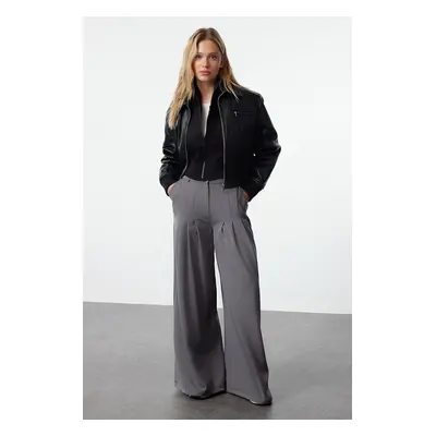 Trendyol Anthracite Extra Wide Leg/Wide Leg Palazzo Pleated Woven Trousers