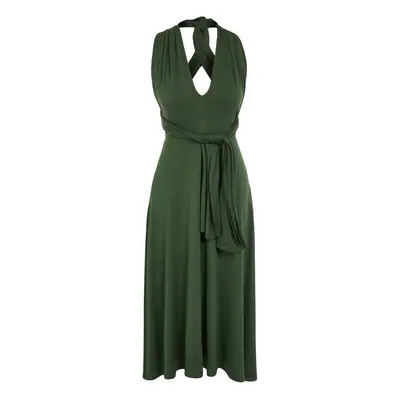 Trendyol Khaki Midi Knitted Tie-Up Beach Dress