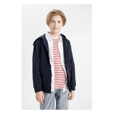 DEFACTO Boy Basic Plain Navy Blue Hooded Zippered Pocket School Cardigan