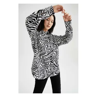 DEFACTO Oversize Fit Zebra Patterned Long Sleeve Poplin 100% Cotton Shirt